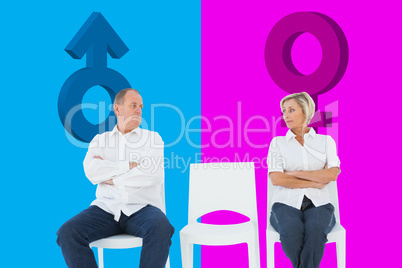 Composite image of upset couple not talking to each other after