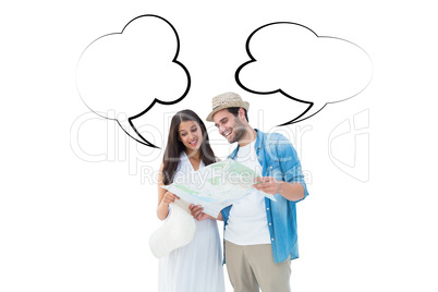 Composite image of happy hipster couple looking at map