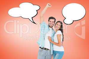 Composite image of happy casual couple cheering at camera