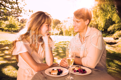Cute couple having champagne and desert in the park