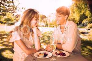 Cute couple having champagne and desert in the park