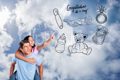 Composite image of young man giving girlfriend a piggyback ride