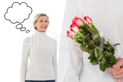 Composite image of man hiding bouquet of roses from older woman