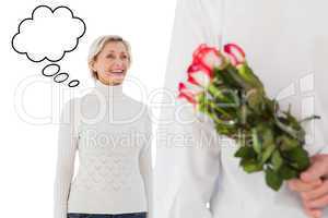Composite image of man hiding bouquet of roses from older woman