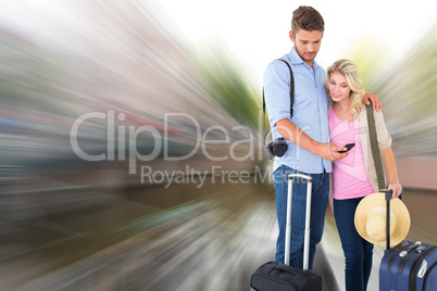 Composite image of attractive young couple ready to go on vacati