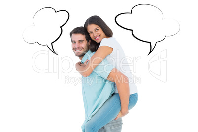 Composite image of happy casual man giving pretty girlfriend pig