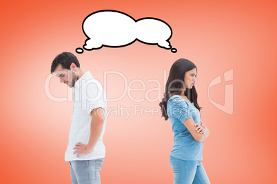 Composite image of upset couple not talking to each other after