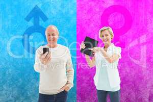 Composite image of happy mature woman pointing to tablet pc