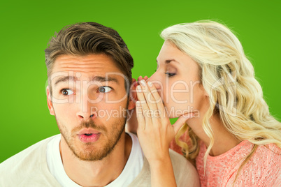 Composite image of attractive blonde whispering secret to boyfri