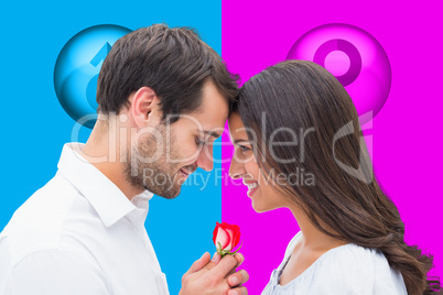 Composite image of handsome man offering his girlfriend a rose