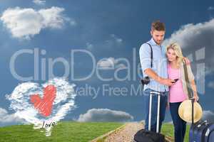 Composite image of attractive young couple ready to go on vacati