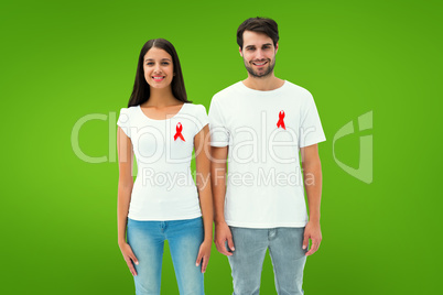 Composite image of attractive young couple wearing aids awarenes