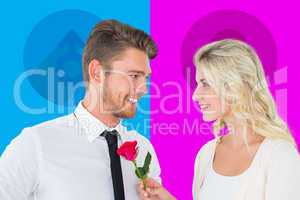 Composite image of handsome man smiling at girlfriend holding a