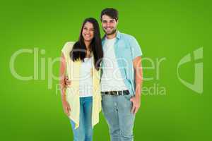 Composite image of happy casual couple smiling at camera