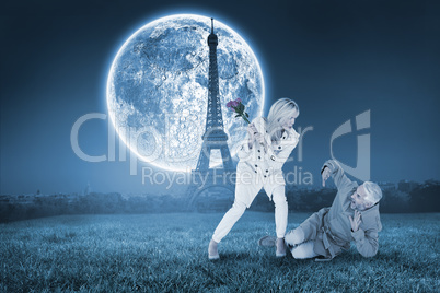 Composite image of angry woman attacking partner with rose bouqu