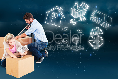 Composite image of young couple packing moving boxes