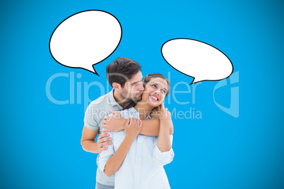 Composite image of cute couple hugging and smiling