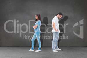 Composite image of upset couple not talking to each other after