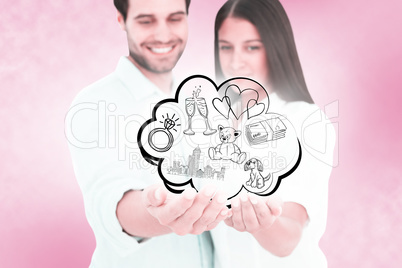 Composite image of attractive young couple holding their hands o