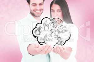 Composite image of attractive young couple holding their hands o