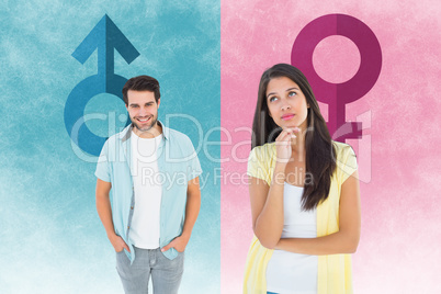 Composite image of happy casual woman thinking with hand on chin