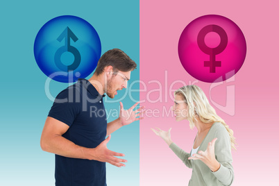 Composite image of angry couple facing off during argument