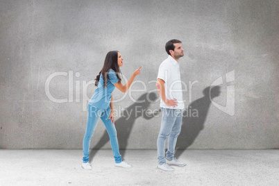 Composite image of angry brunette shouting at boyfriend