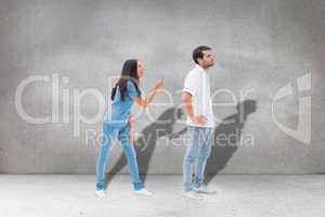 Composite image of angry brunette shouting at boyfriend