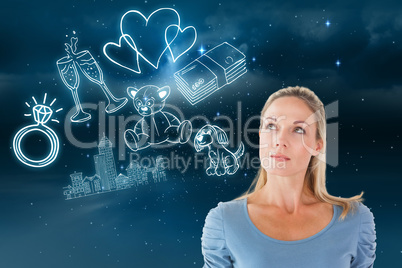 Composite image of thinking pretty blonde looking up