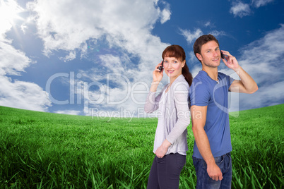 Composite image of couple both making phone calls