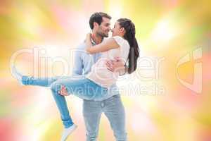 Composite image of attractive young couple having fun