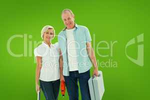 Composite image of happy older couple holding diy tools