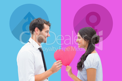 Composite image of pretty brunette giving boyfriend her heart