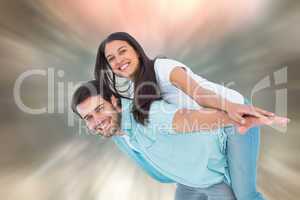 Composite image of happy casual man giving pretty girlfriend pig