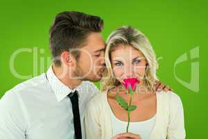 Composite image of handsome man kissing girlfriend on cheek hold