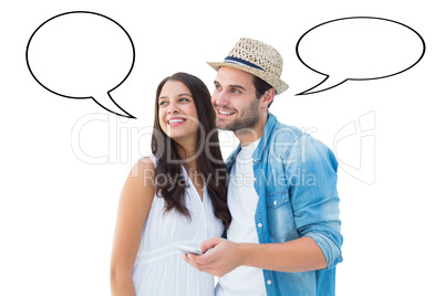 Composite image of happy hipster couple smiling together