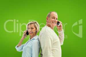 Composite image of happy mature couple talking on their phones