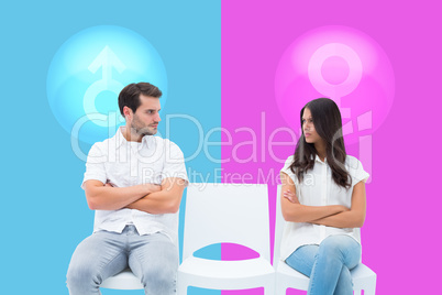 Composite image of angry couple not talking after argument