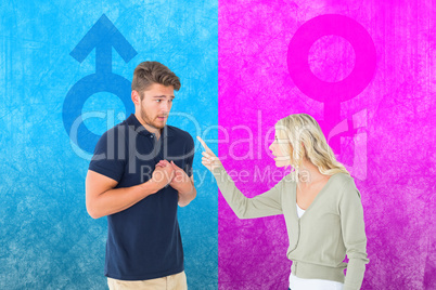 Composite image of woman accusing her guilty looking boyfriend