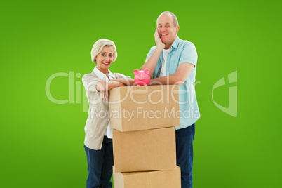 Composite image of older couple smiling at camera with moving bo