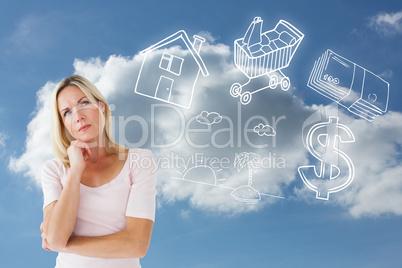 Composite image of serious blonde thinking with hand on chin
