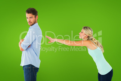 Composite image of desperate blonde reaching for boyfriend