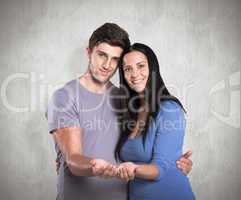 Composite image of young couple holding out hands