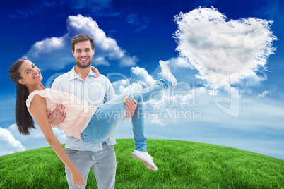 Composite image of attractive young couple having fun