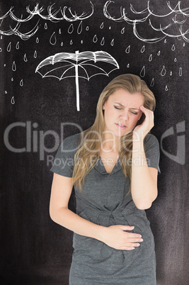Composite image of woman with stomach ache