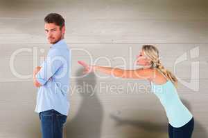 Composite image of desperate blonde reaching for boyfriend