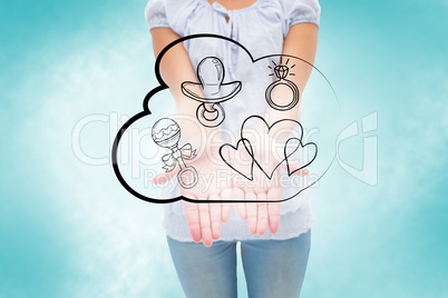 Composite image of casual young woman holding hands out