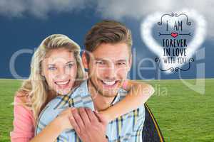 Composite image of attractive couple embracing and smiling at ca