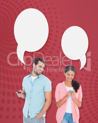 Composite image of happy couple sending text messages