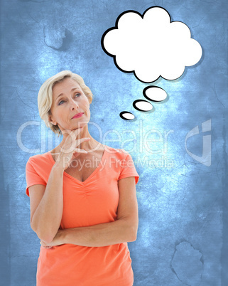 Composite image of thinking older woman with arms crossed